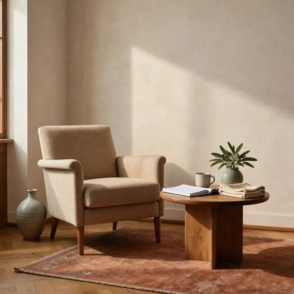 Angolo coaching accogliente con poltrona, tavolino, pianta bassa e coperta piegata, luce calda.