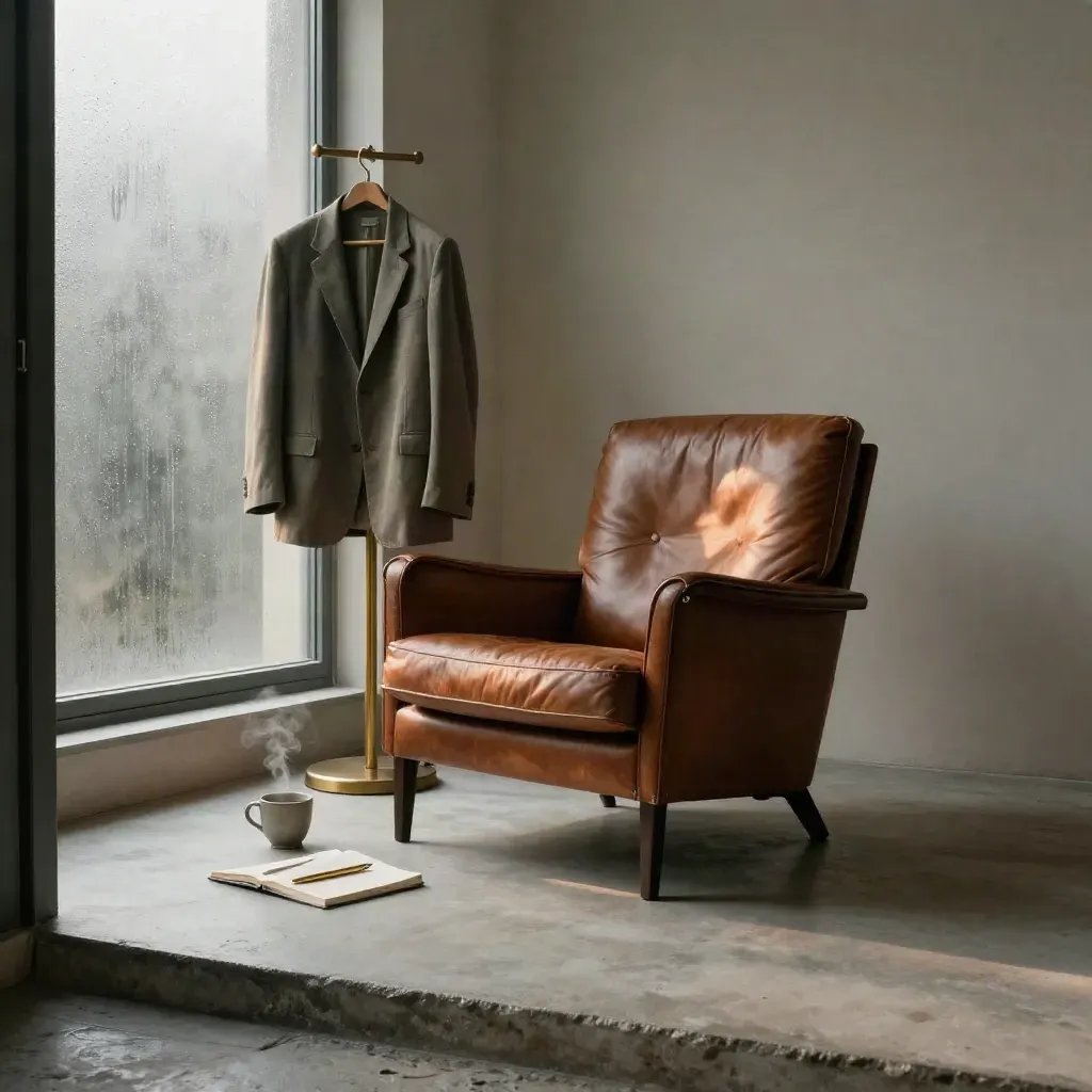 Poltrona in pelle, blazer appeso, tazza fumante e finestra appannata in uno studio di ripartenza