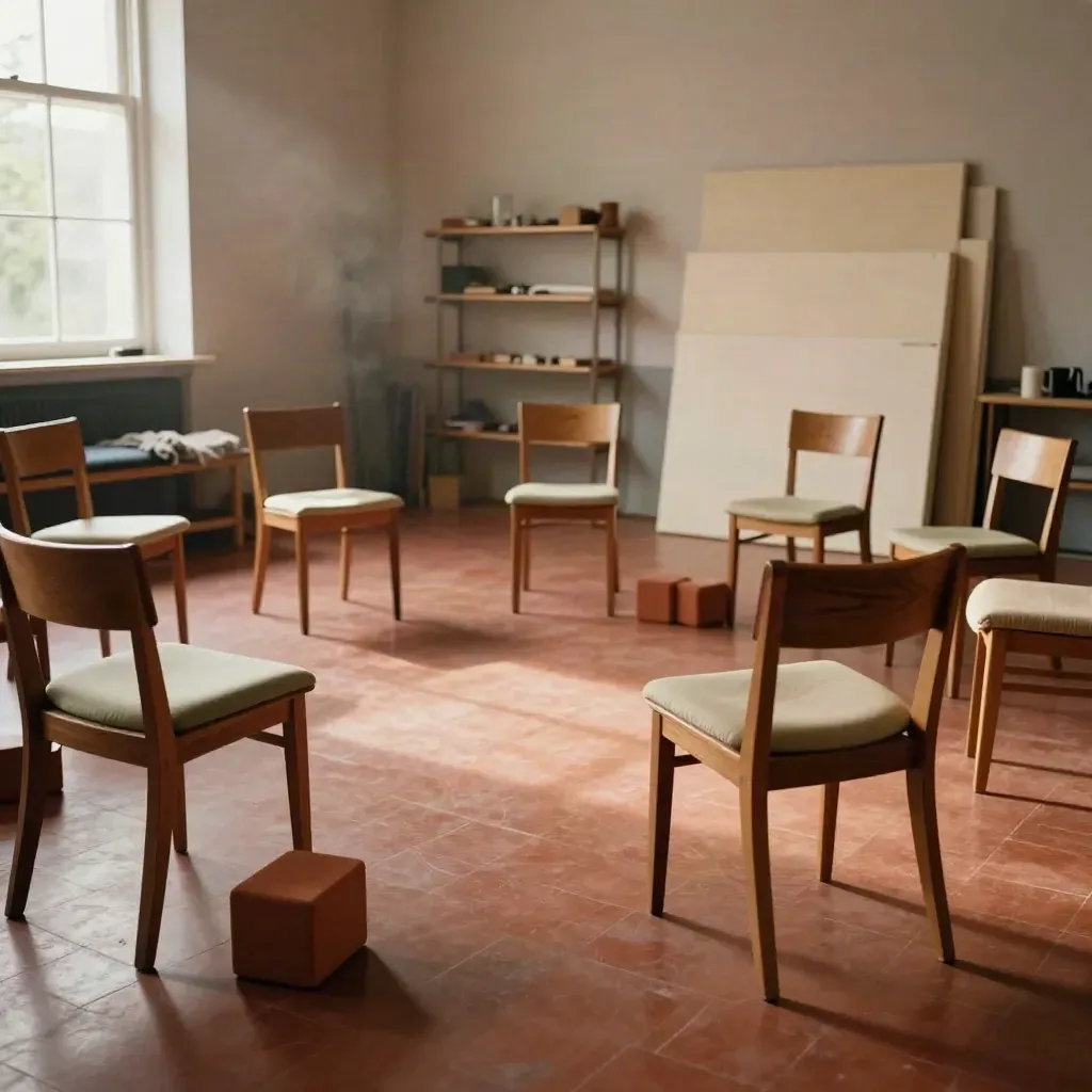 Sala per workshop con sedie vuote, blocchi neutri e tavole piegate, prima dell’inizio.