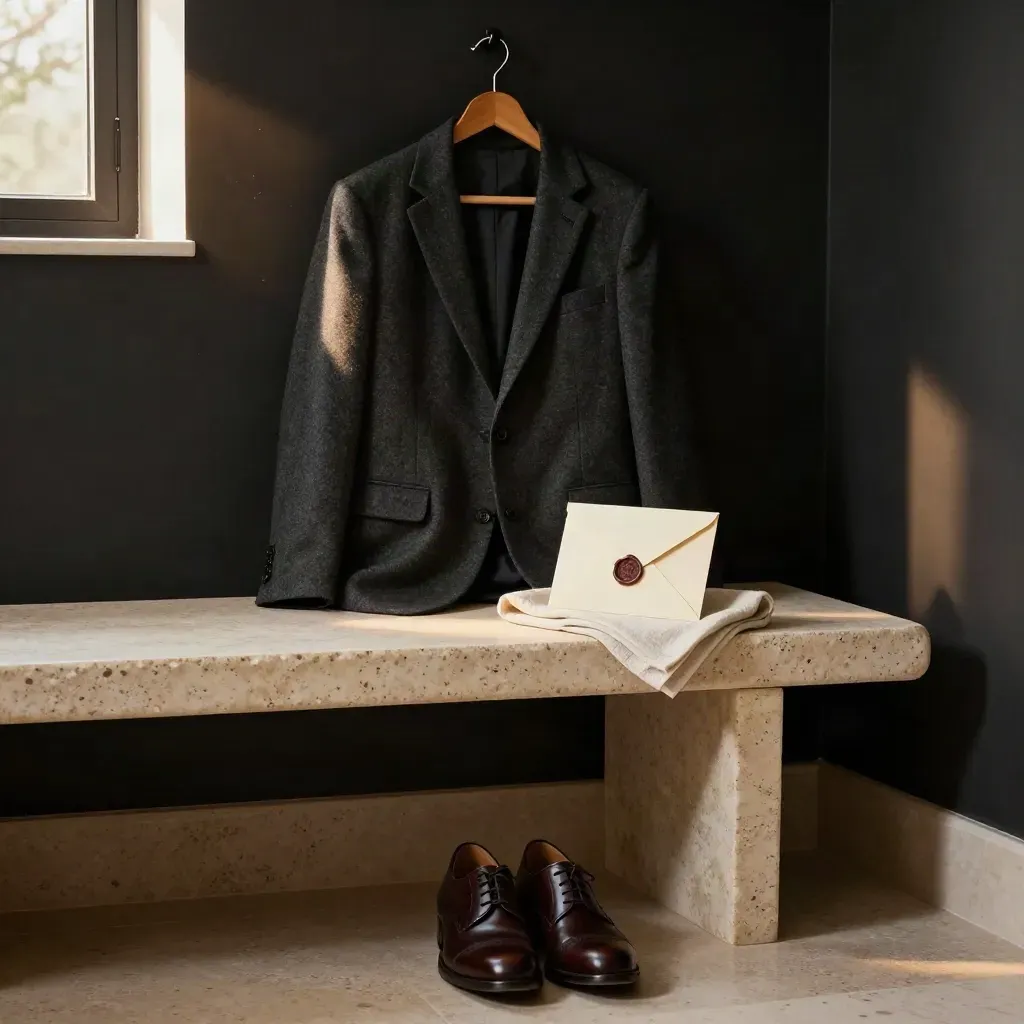 Scarpe lucidate, blazer e busta sigillata su panca di pietra in un ingresso caldo e silenzioso.