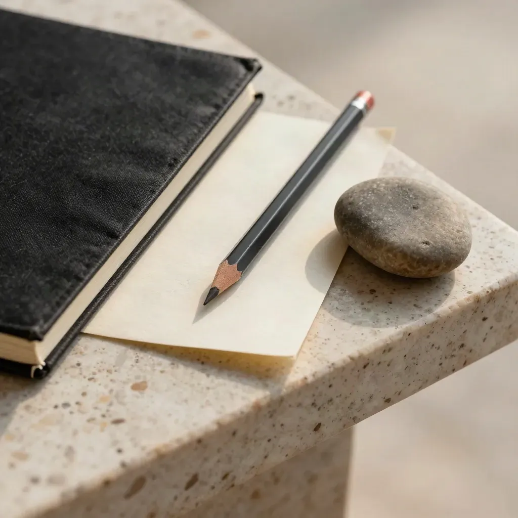 Quaderno nero, matita corta, carta naturale e sasso di fiume su travertino, macro dall’alto.