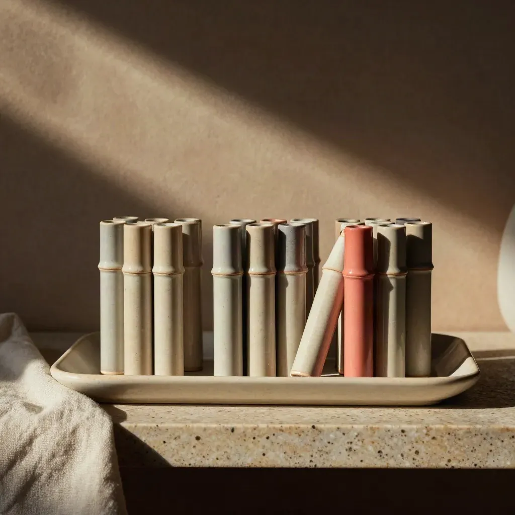 Segnalini in ceramica su vassoio di lino in una scena editoriale cinematografica.