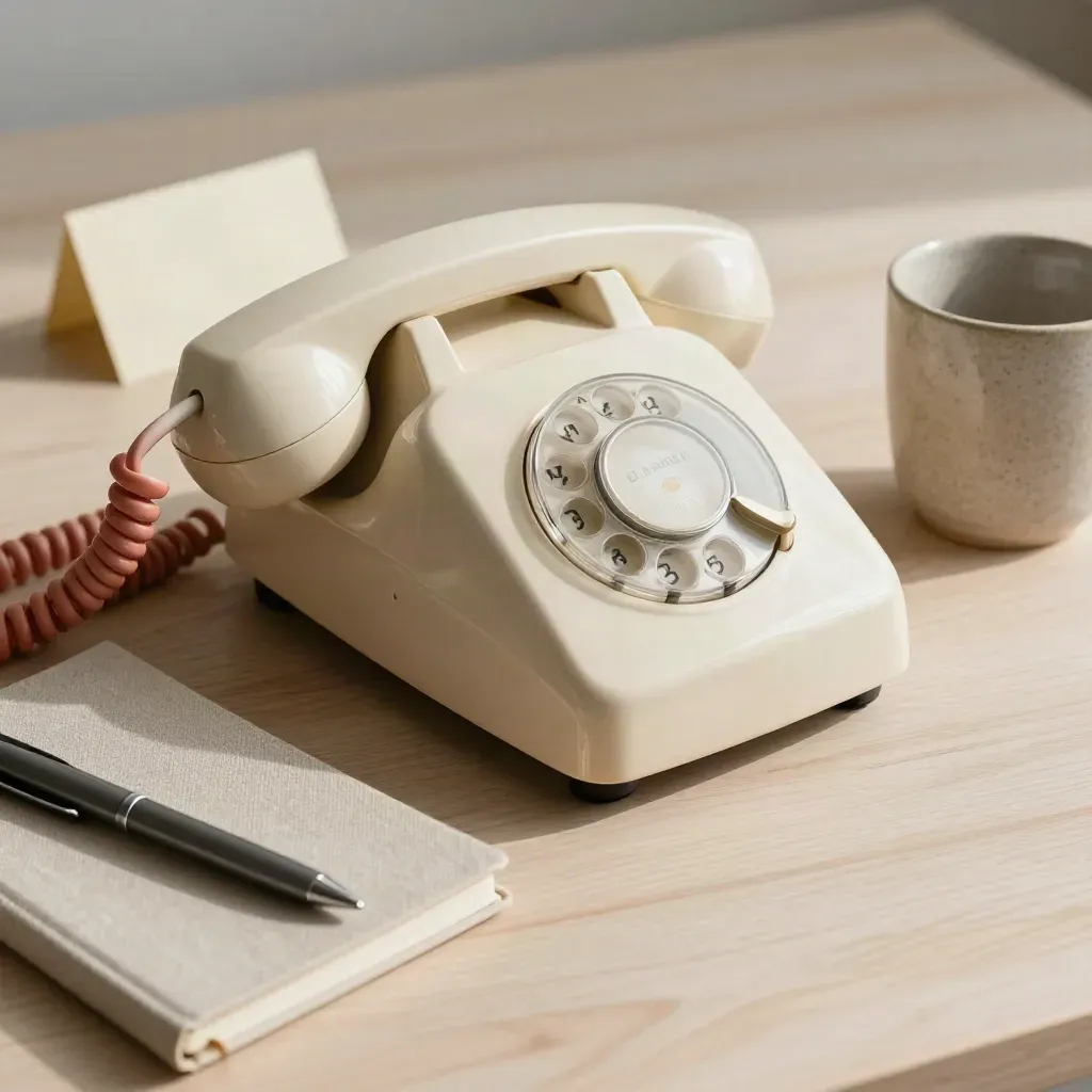 Telefono vintage, quaderno chiuso, penna e tazza su legno chiaro, luce soffusa.