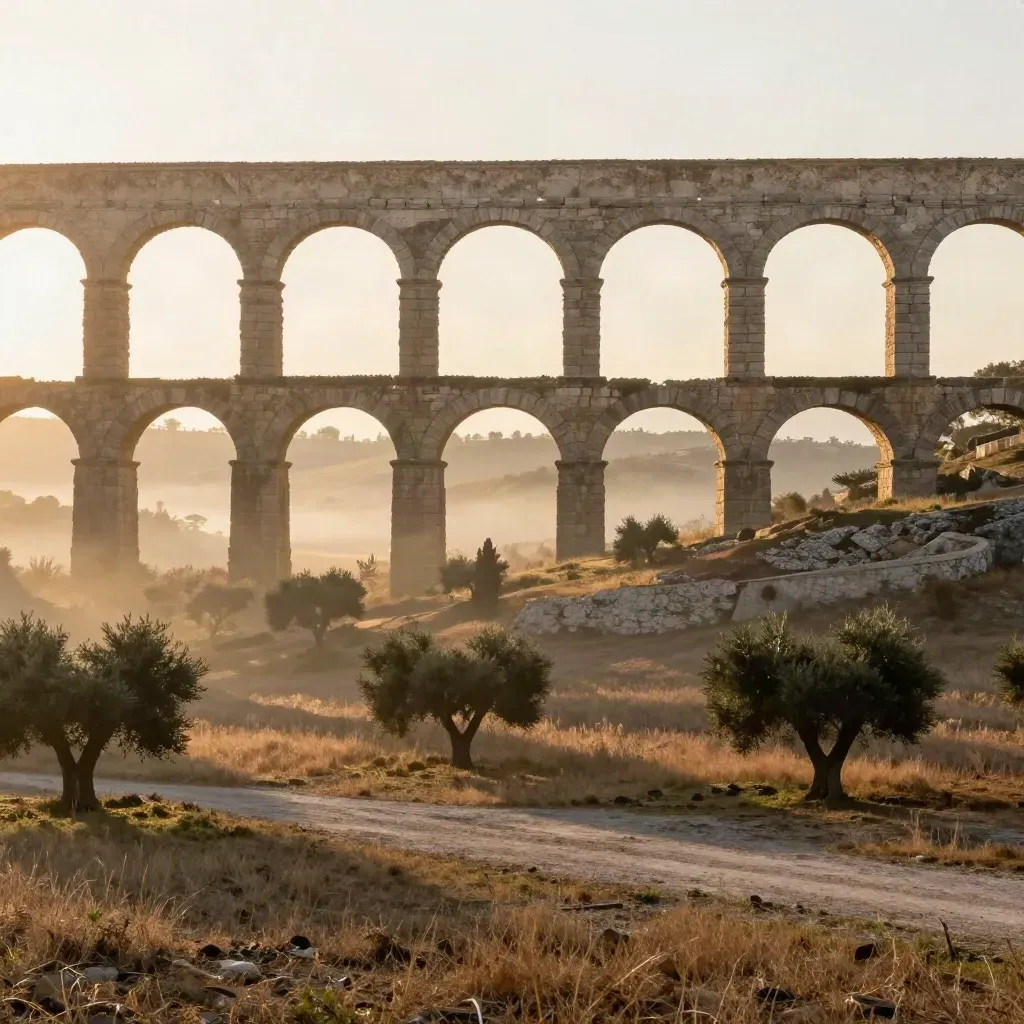Acquedotto romano nel Lazio nella luce dorata, con campagna morbida e foschia.