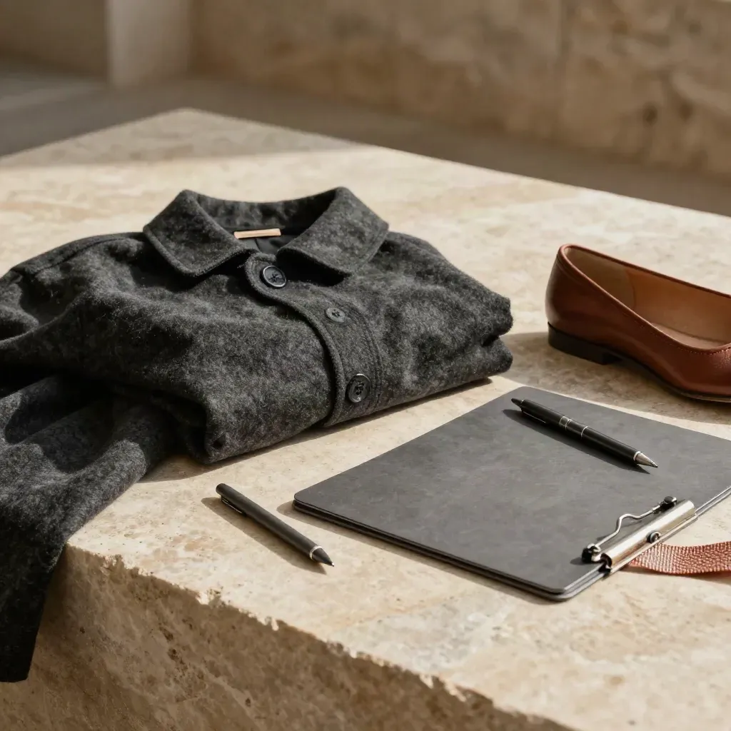 Flatlay di giacca, portablocco chiuso, penna, scarpe basse e nastro su pietra chiara.
