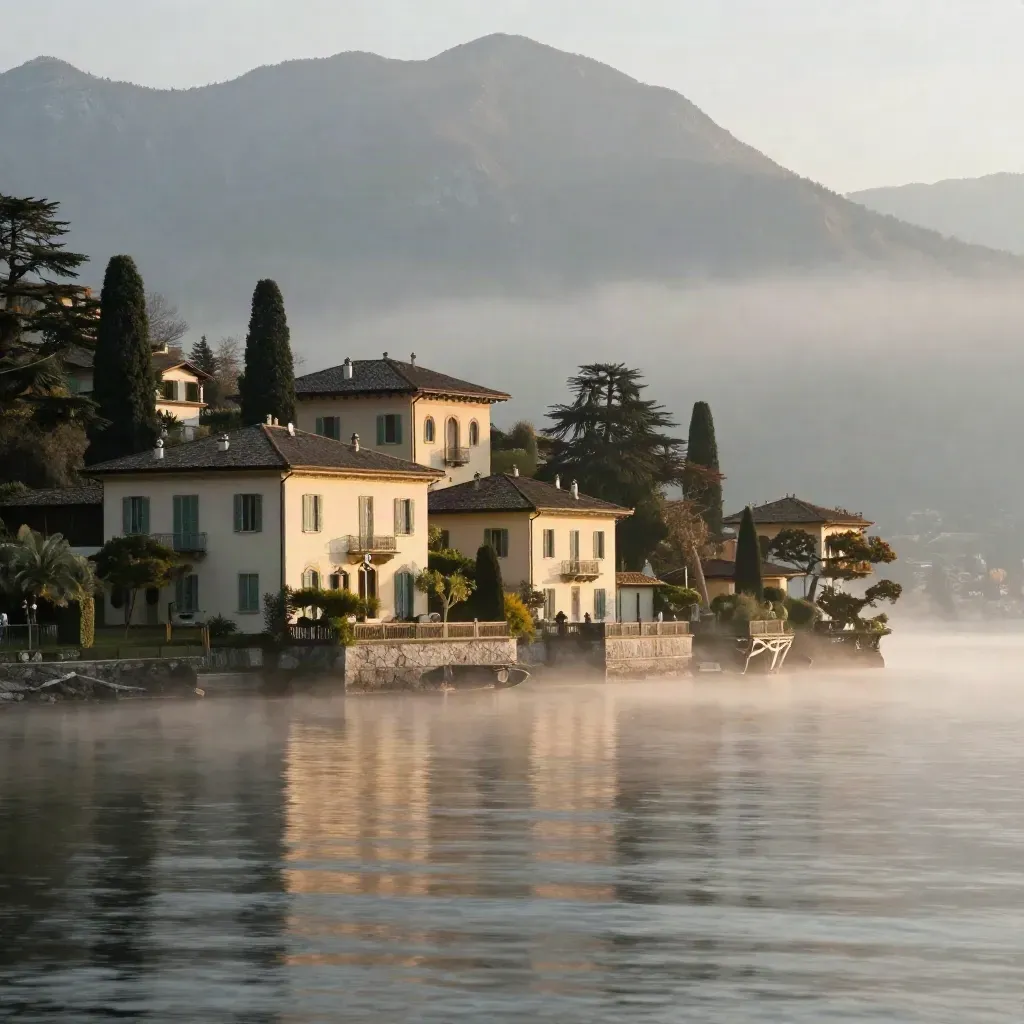 Lago di Como con ville storiche, monti sfumati e acqua calma per il testo
