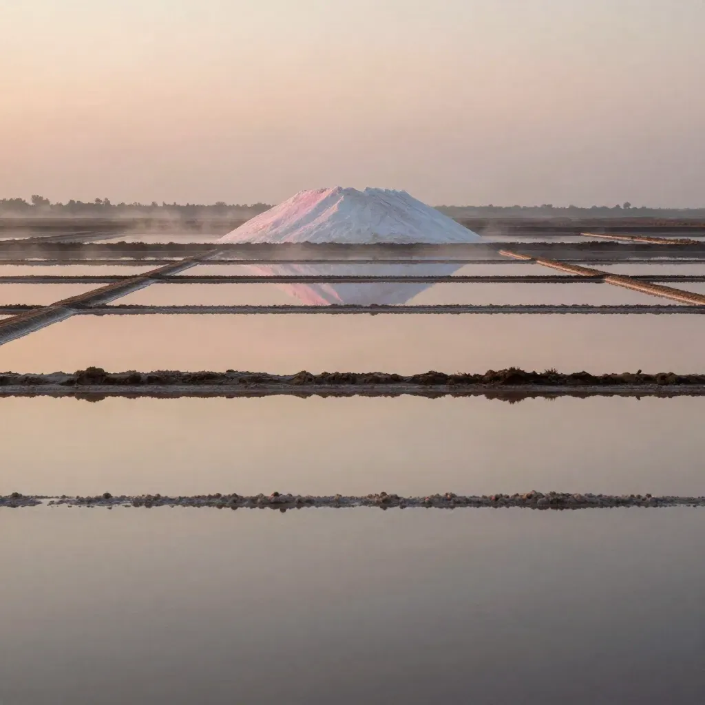 Saline di Cervia all’alba con vasche rosate e cumulo di sale lontano.